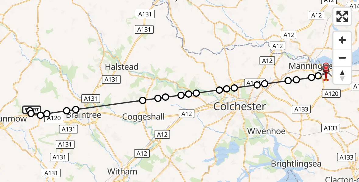 Flight route Air Ambulance Helicopter Stebbing - Mistley, 18 June 2026, 09:31