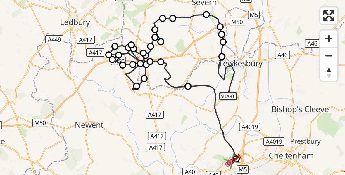 Flight route Air Ambulance Helicopter Tewkesbury - Gloucestershire Airport, 18 June 2026, 09:41