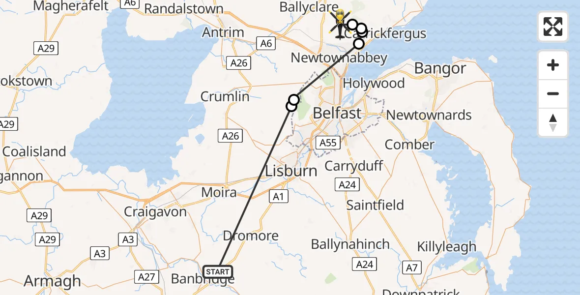 Flight route Police Helicopter Banbridge - Antrim and Newtownabbey District, 18 June 2026, 09:47