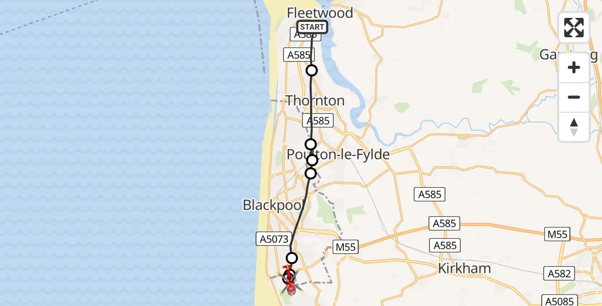 Flight route Air Ambulance Helicopter Fleetwood - Blackpool Airport, 18 June 2026, 10:05