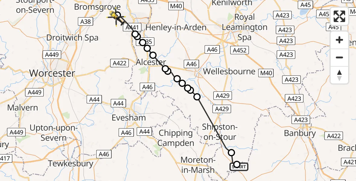 Flight route Police Helicopter Long Compton - Bromsgrove, 18 June 2026, 10:17