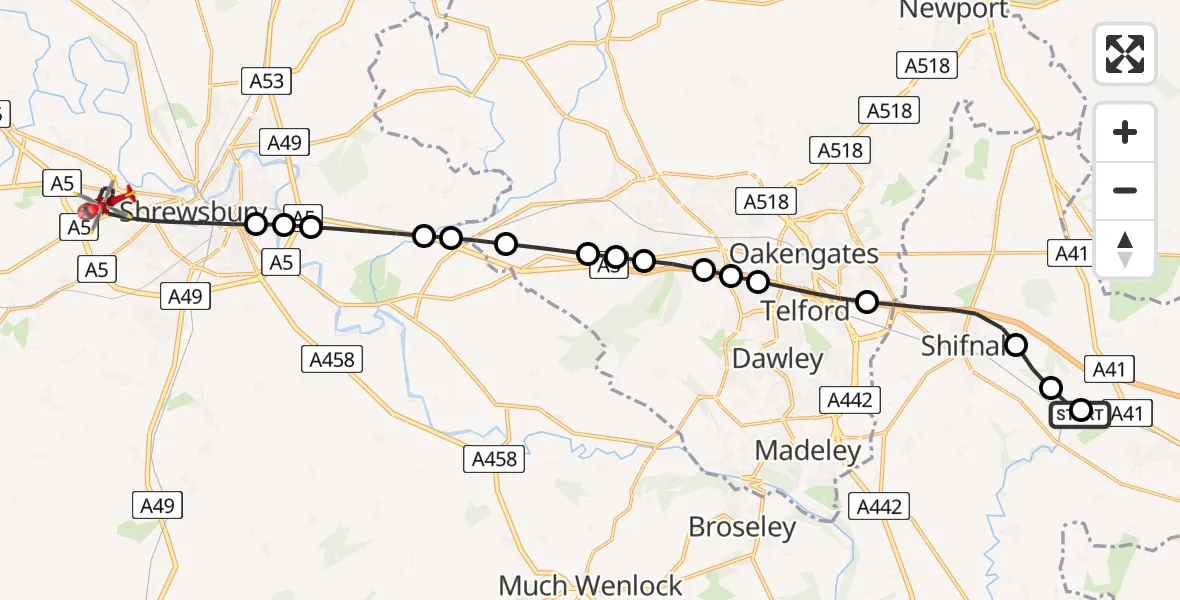 Flight route Air Ambulance Helicopter RAF Cosford - Shrewsbury, 18 June 2026, 10:27