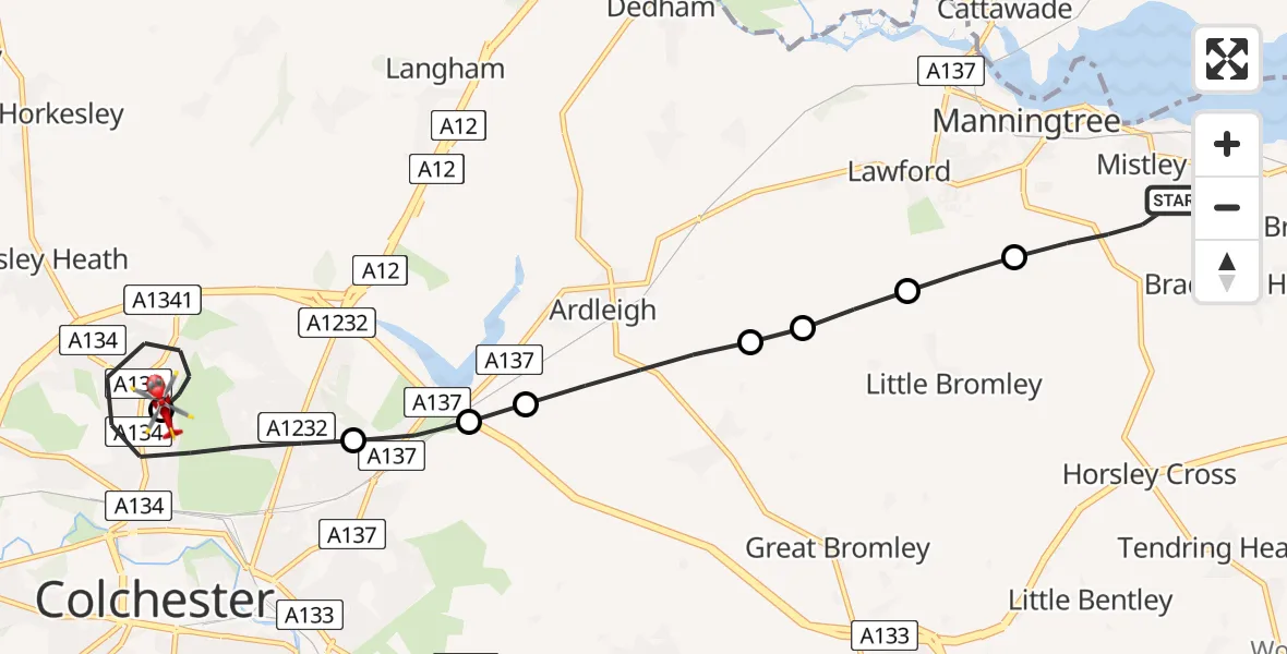 Flight route Air Ambulance Helicopter Mistley - Colchester, 18 June 2026, 10:28
