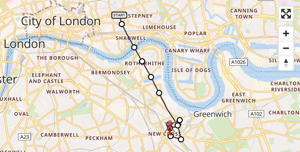 Flight route Air Ambulance Helicopter Royal London Hospital - New Cross, 18 June 2026, 10:32