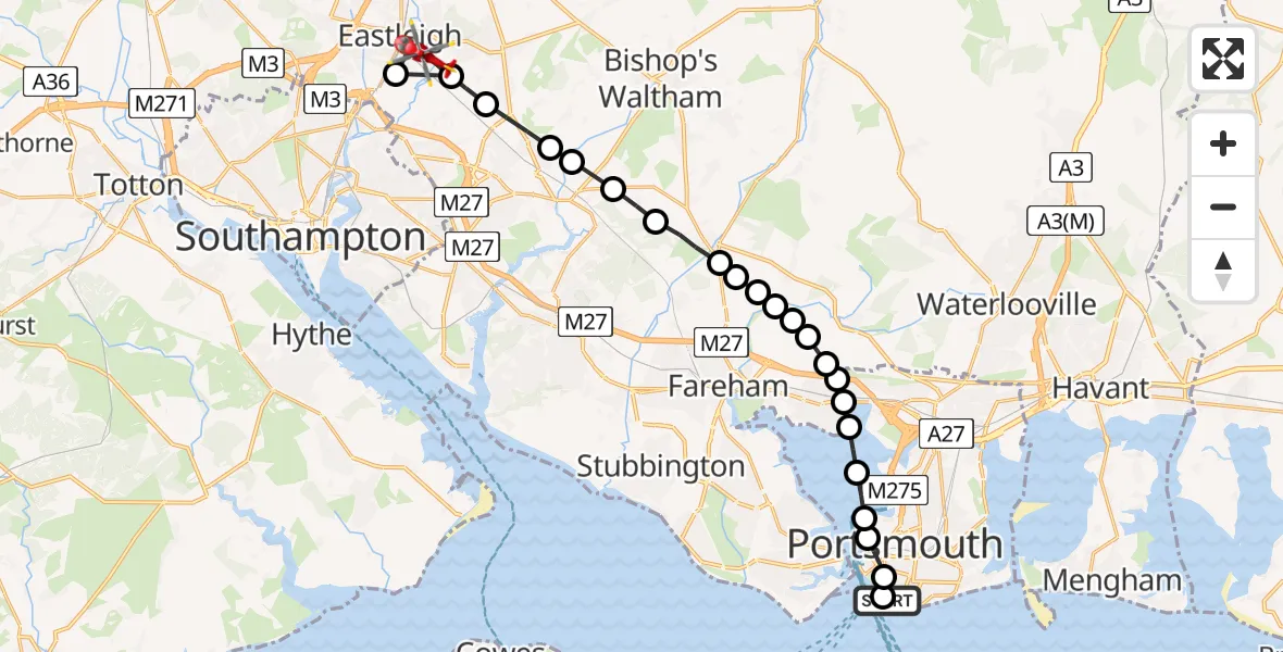 Flight route Air Ambulance Helicopter Old Portsmouth - Eastleigh, 18 June 2026, 10:37