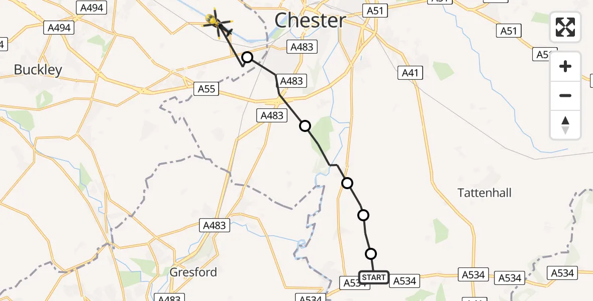 Flight route Police Helicopter Crewe by Farndon - Saltney Ferry, 18 June 2026, 10:57