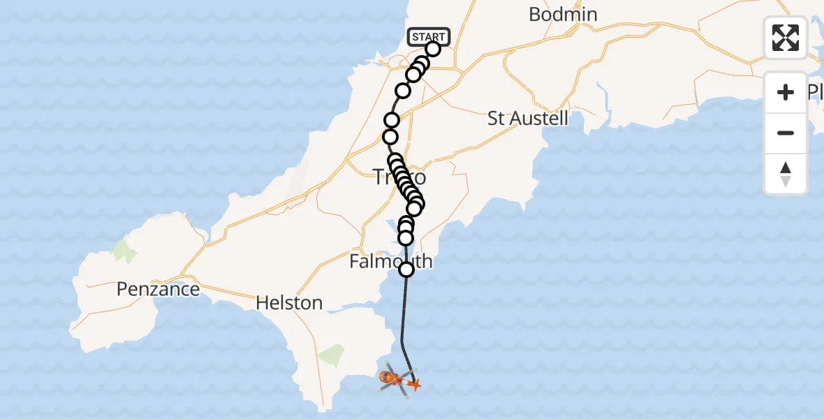 Flight route Coastguard Helicopter Cornwall Airport Newquay - English Channel, 18 June 2026, 11:05