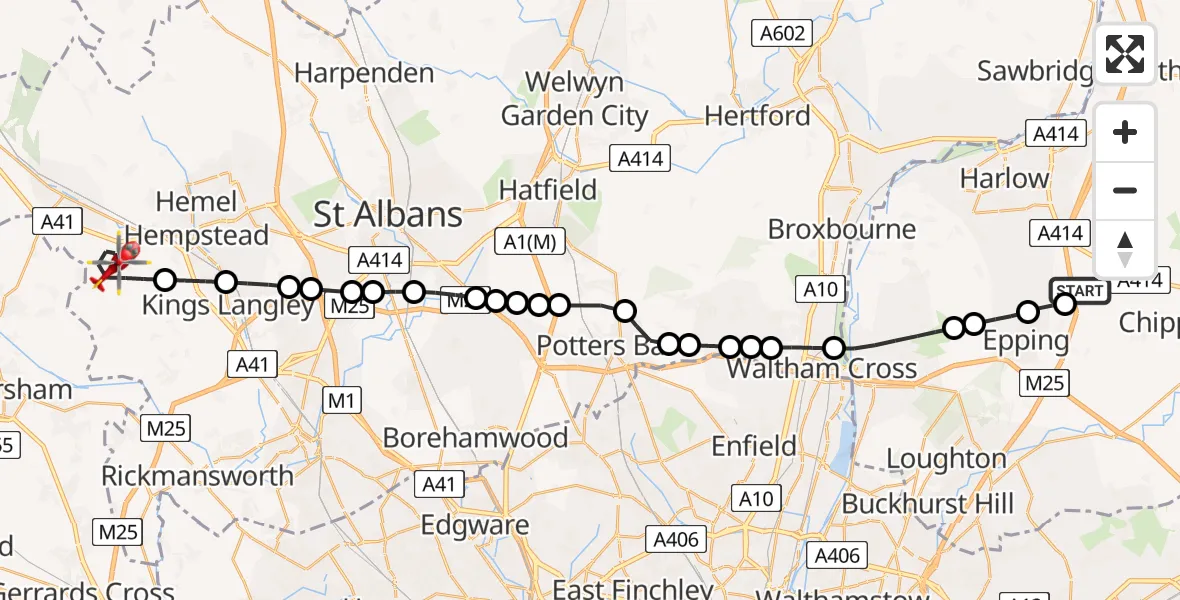 Flight route Air Ambulance Helicopter North Weald Airfield - Bovingdon, 18 June 2026, 11:07