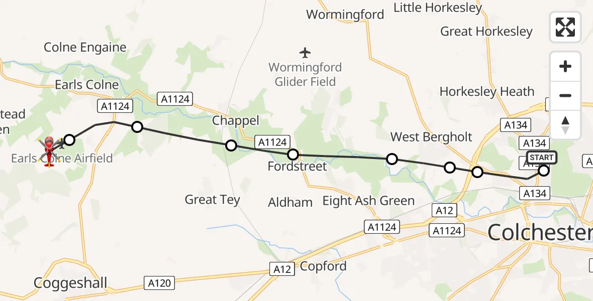 Flight route Air Ambulance Helicopter Colchester Hospital - Earls Colne Airfield, 18 June 2026, 11:11