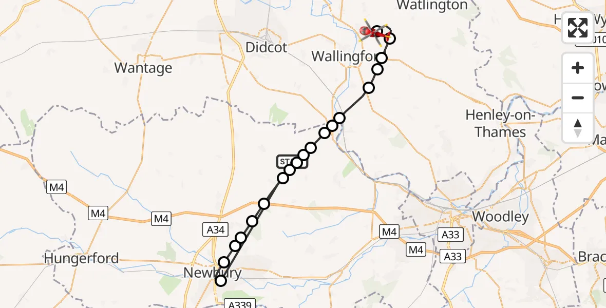Flight route Air Ambulance Helicopter Hampstead Norreys - RAF Benson, 18 June 2026, 11:14