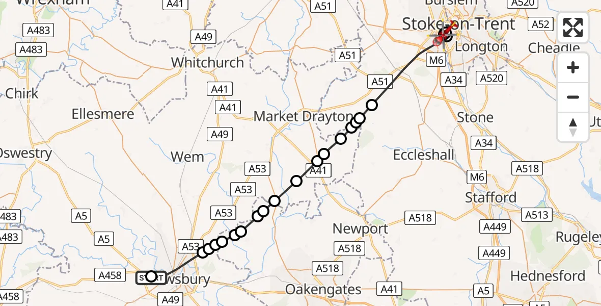 Flight route Air Ambulance Helicopter Shrewsbury Royal Hospital - Stoke, 18 June 2026, 11:15