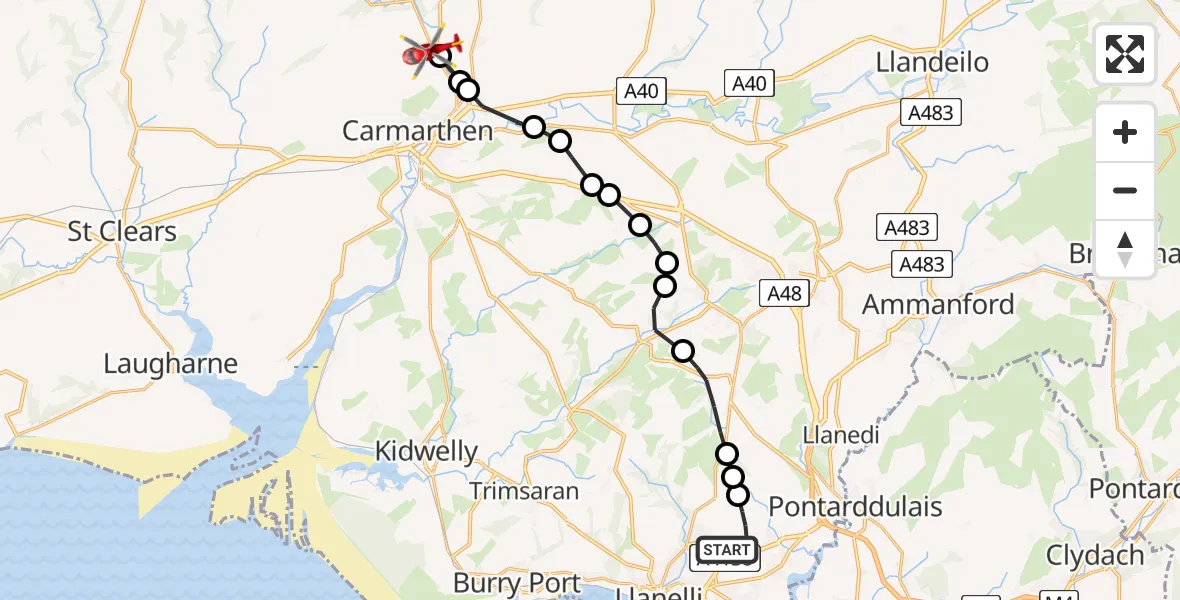 Flight route Air Ambulance Helicopter Dafen - Bronwydd, 18 June 2026, 11:19
