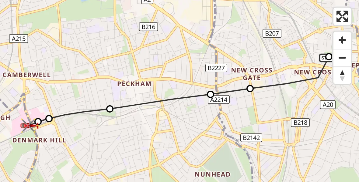 Flight route Air Ambulance Helicopter New Cross - Kings College London Hospital, 18 June 2026, 11:28