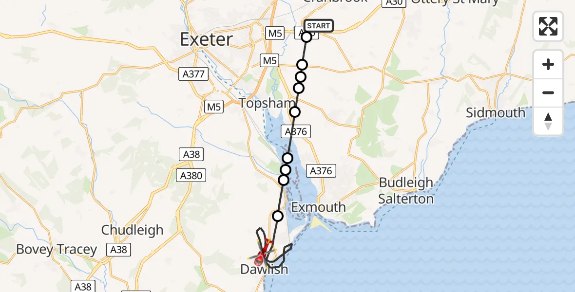 Flight route Air Ambulance Helicopter Exeter International Airport - Dawlish, 18 June 2026, 11:40