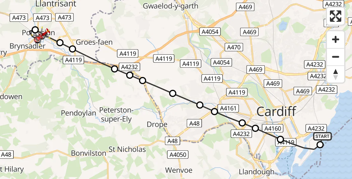 Flight route Air Ambulance Helicopter Cardiff Heliport - Miskin, 18 June 2026, 11:47