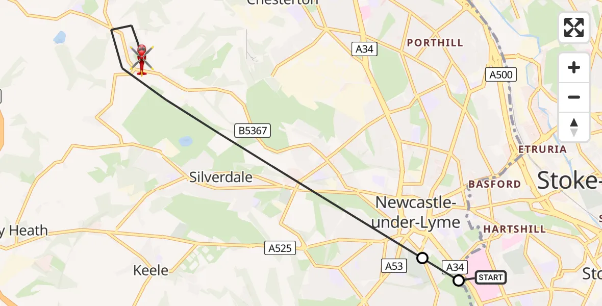 Flight route Air Ambulance Helicopter University Hospital North Staffs - Newcastle-under-Lyme, 18 June 2026, 11:49
