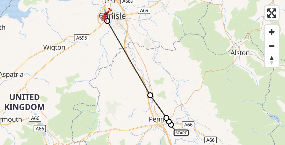 Flight route Air Ambulance Helicopter Brougham - Carlisle General, 18 June 2026, 11:52