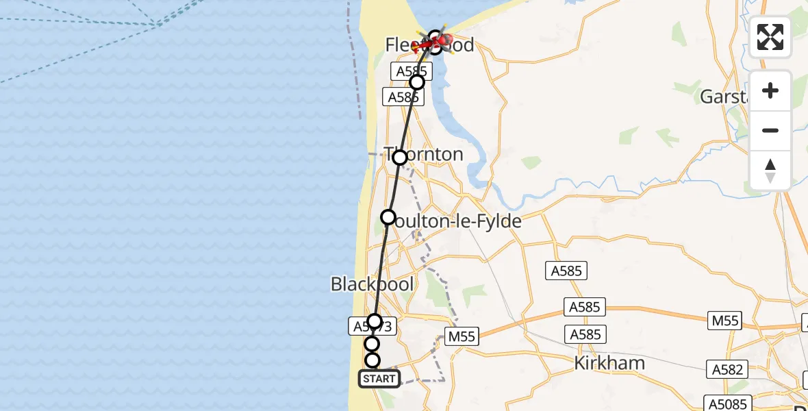 Flight route Air Ambulance Helicopter Blackpool Airport - Fleetwood, 18 June 2026, 12:11