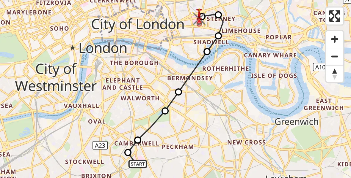 Flight route Air Ambulance Helicopter Kings College London Hospital - Royal London Hospital, 18 June 2026, 12:12