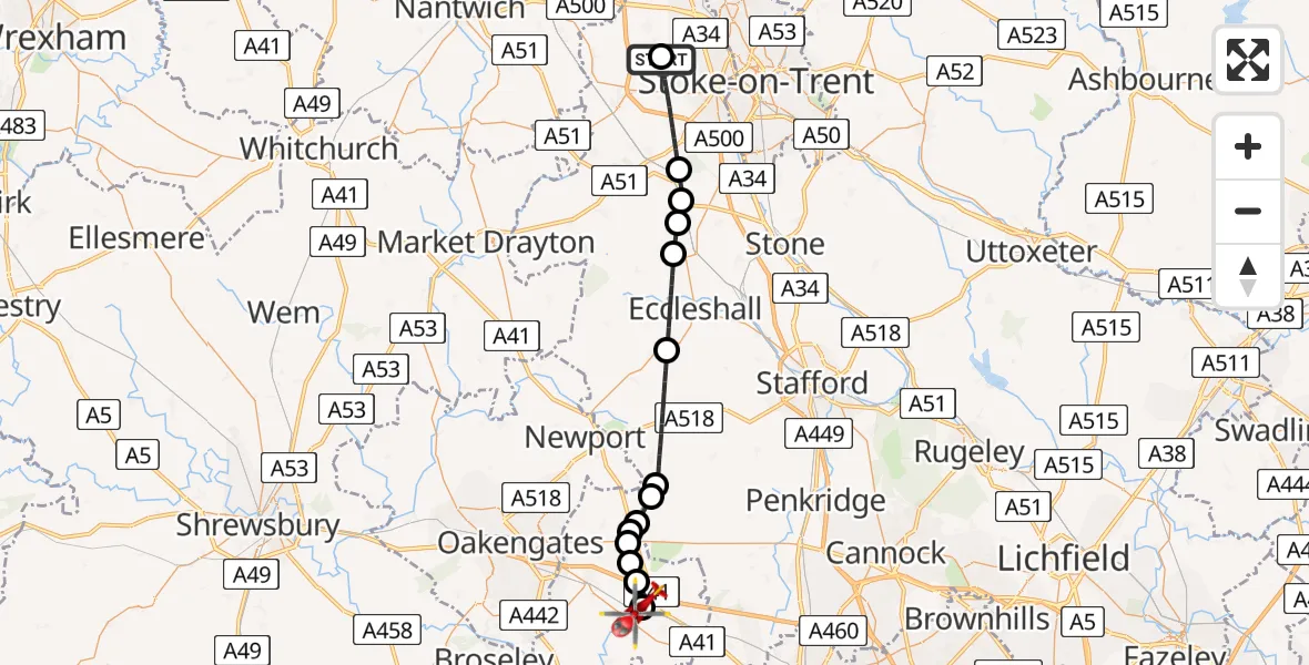 Flight route Air Ambulance Helicopter Newcastle-under-Lyme - Cosford, 18 June 2026, 12:12