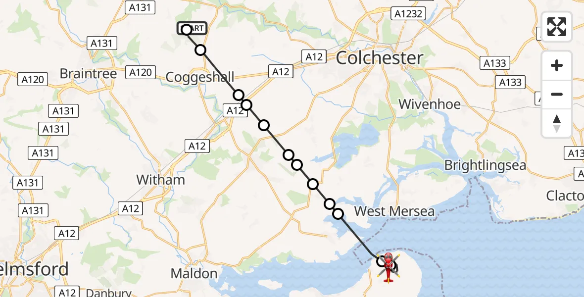 Flight route Air Ambulance Helicopter Earls Colne Airfield - Maldon, 18 June 2026, 12:13