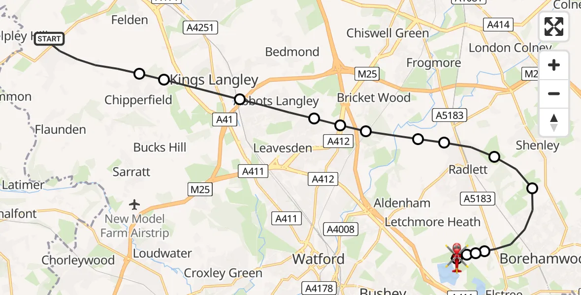 Flight route Air Ambulance Helicopter Bovingdon - Elstree Airfield, 18 June 2026, 12:15