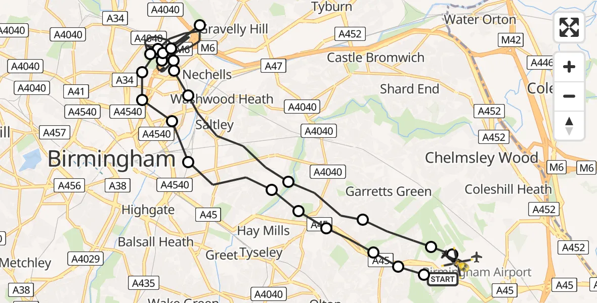 Flight route Police Helicopter Birmingham Airport - Birmingham Airport, 18 June 2026, 12:18
