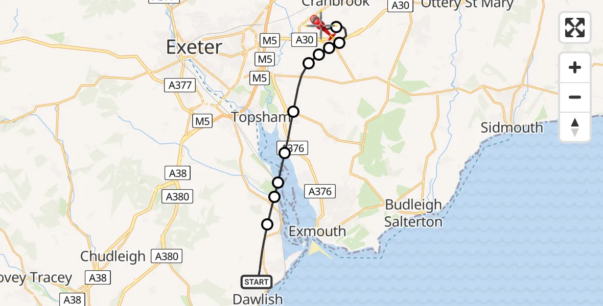 Flight route Air Ambulance Helicopter Dawlish - Exeter International Airport, 18 June 2026, 12:27