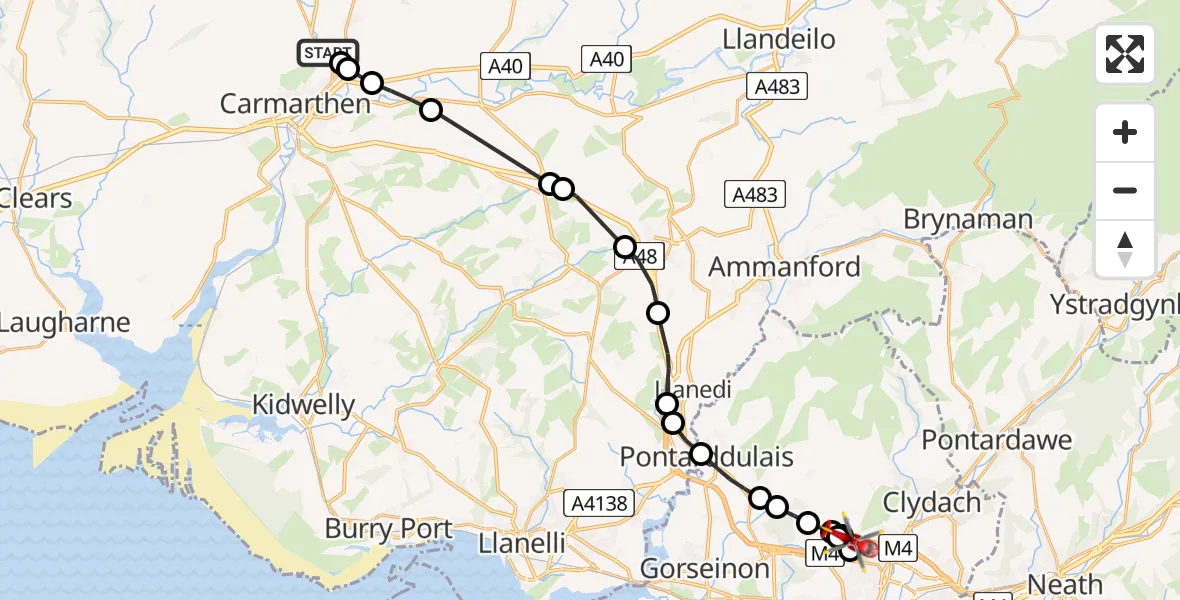 Flight route Air Ambulance Helicopter Bronwydd - Morriston, 18 June 2026, 12:39