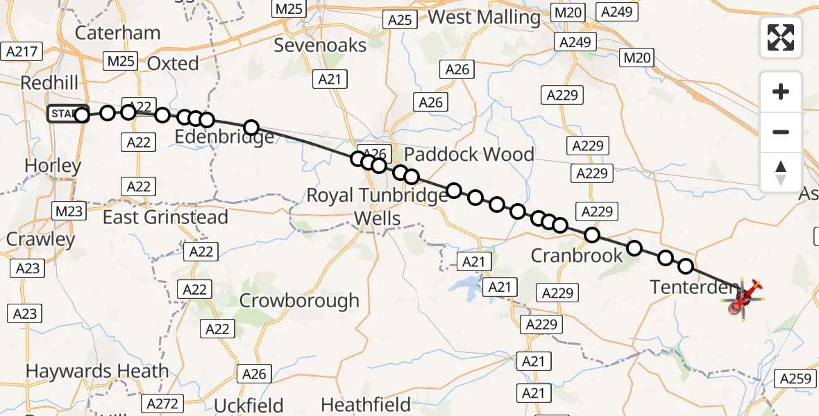 Flight route Air Ambulance Helicopter Redhill Aerodrome - Ashford, 18 June 2026, 12:44