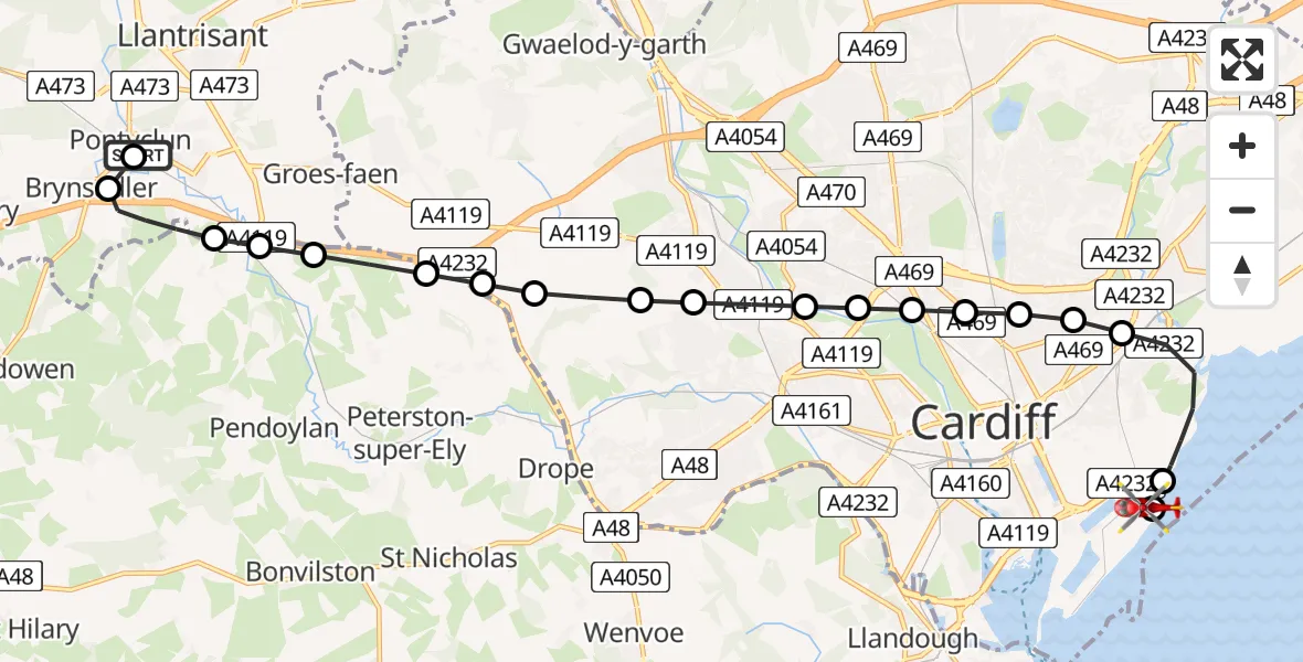 Flight route Air Ambulance Helicopter Pontyclun - Cardiff Heliport, 18 June 2026, 12:45