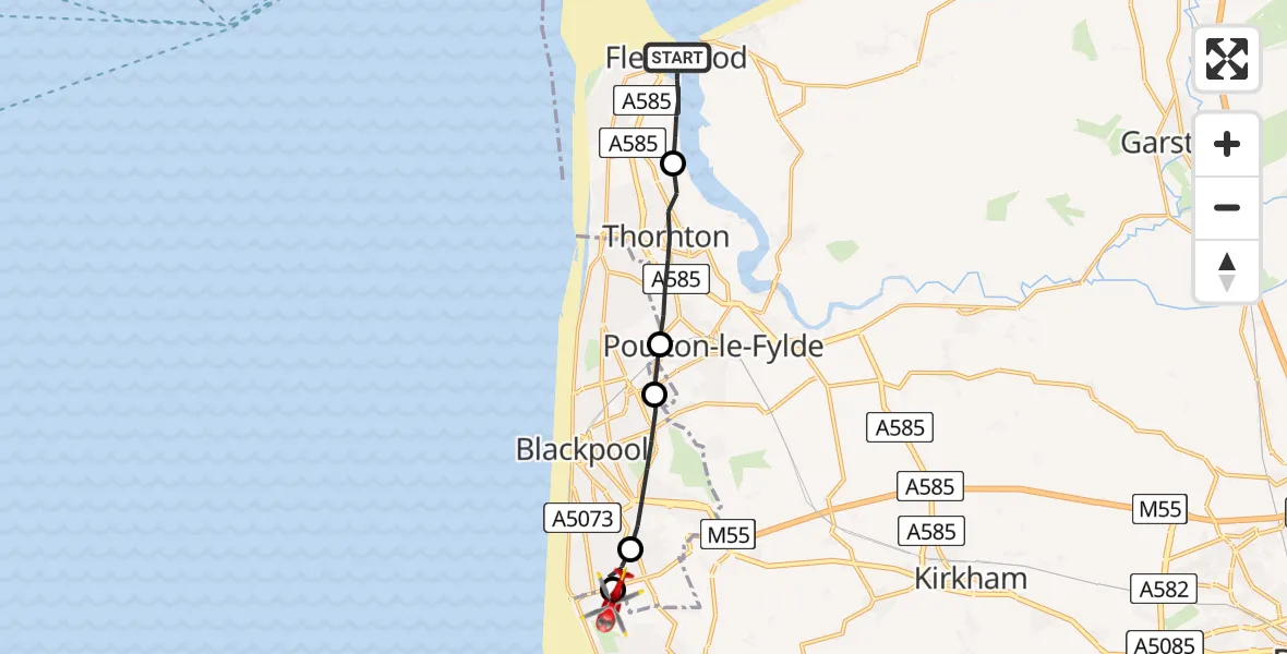 Flight route Air Ambulance Helicopter Fleetwood - Blackpool Airport, 18 June 2026, 12:45