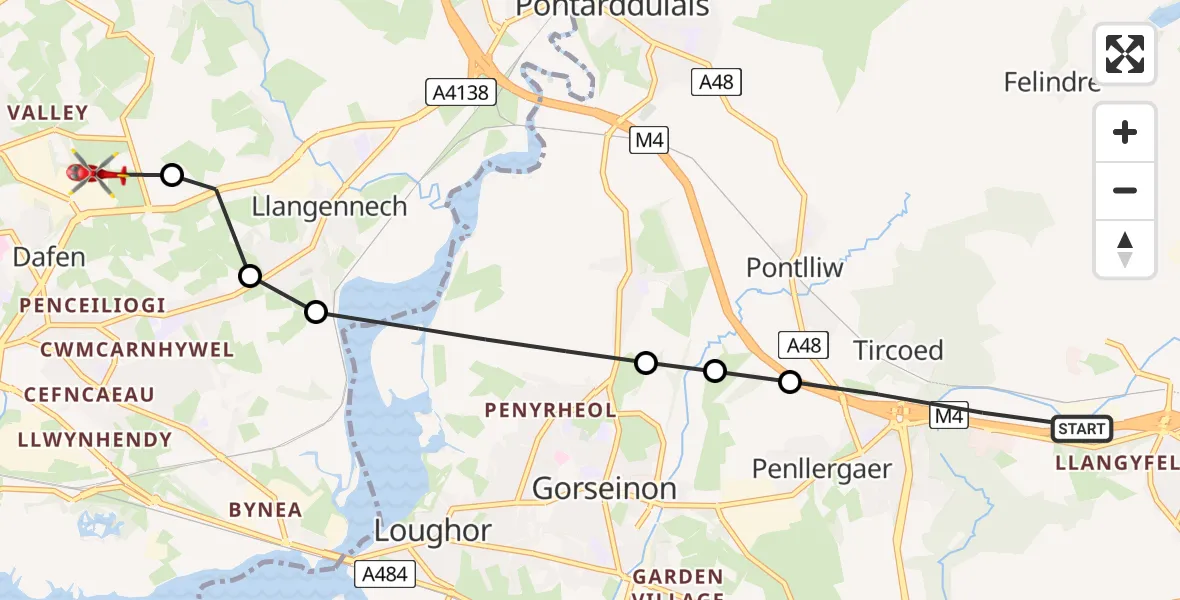 Flight route Air Ambulance Helicopter Tircoed - Dafen, 18 June 2026, 12:52