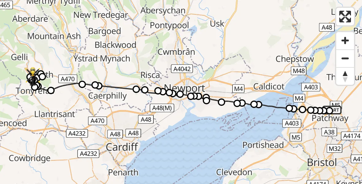 Flight route Police Helicopter Bristol - Tonypandy, 18 June 2026, 13:10