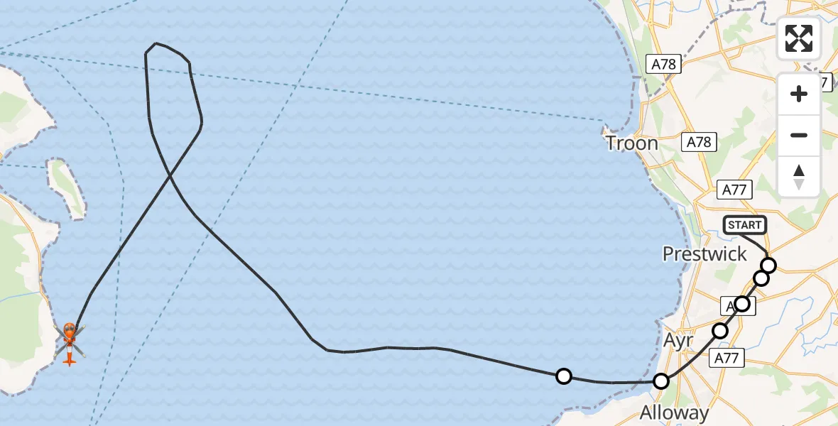 Flight route Coastguard Helicopter Glasgow Prestwick Airport - Inner Seas, 18 June 2026, 13:19