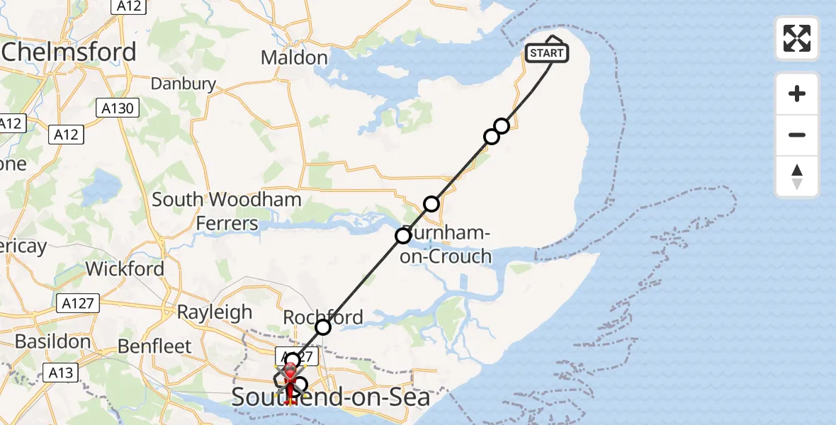Flight route Air Ambulance Helicopter Maldon - Leigh on Sea, 18 June 2026, 13:23