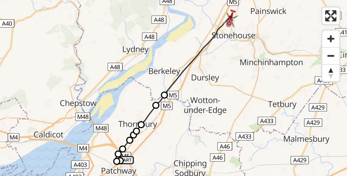 Flight route Air Ambulance Helicopter Almondsbury Helicopter Base - Stroud, 18 June 2026, 13:26