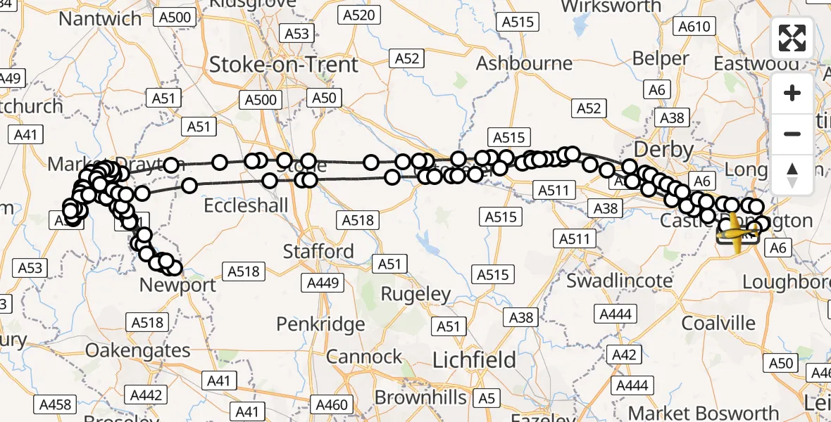 Flight route Police Aircraft East Midlands Airport - East Midlands Airport, 18 June 2026, 13:40
