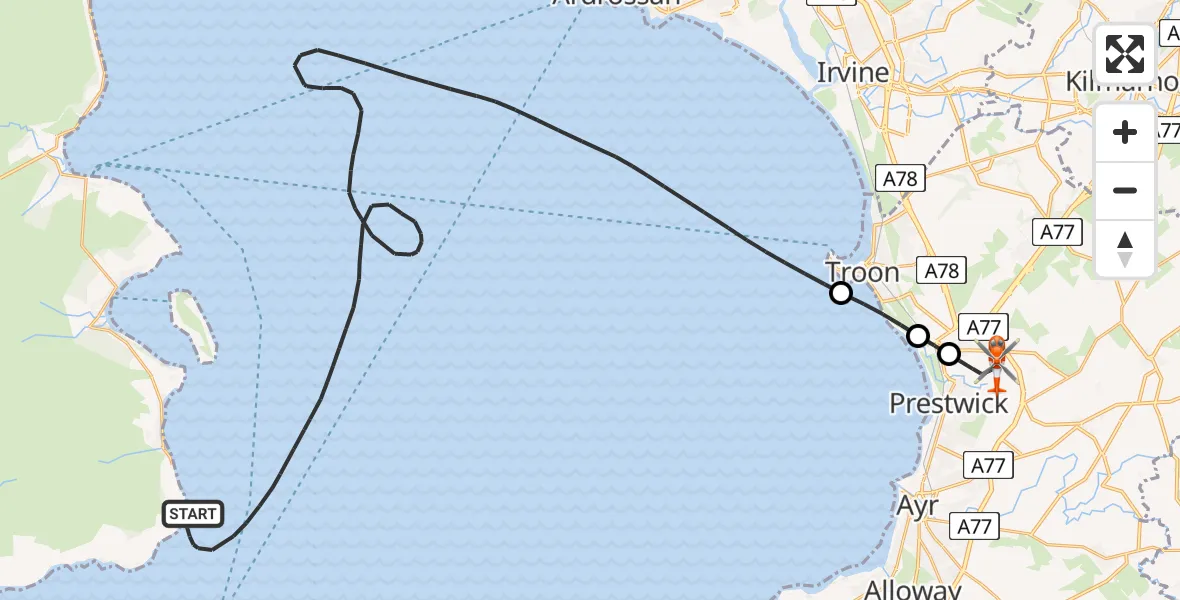 Flight route Coastguard Helicopter Inner Seas - Glasgow Prestwick Airport, 18 June 2026, 13:58