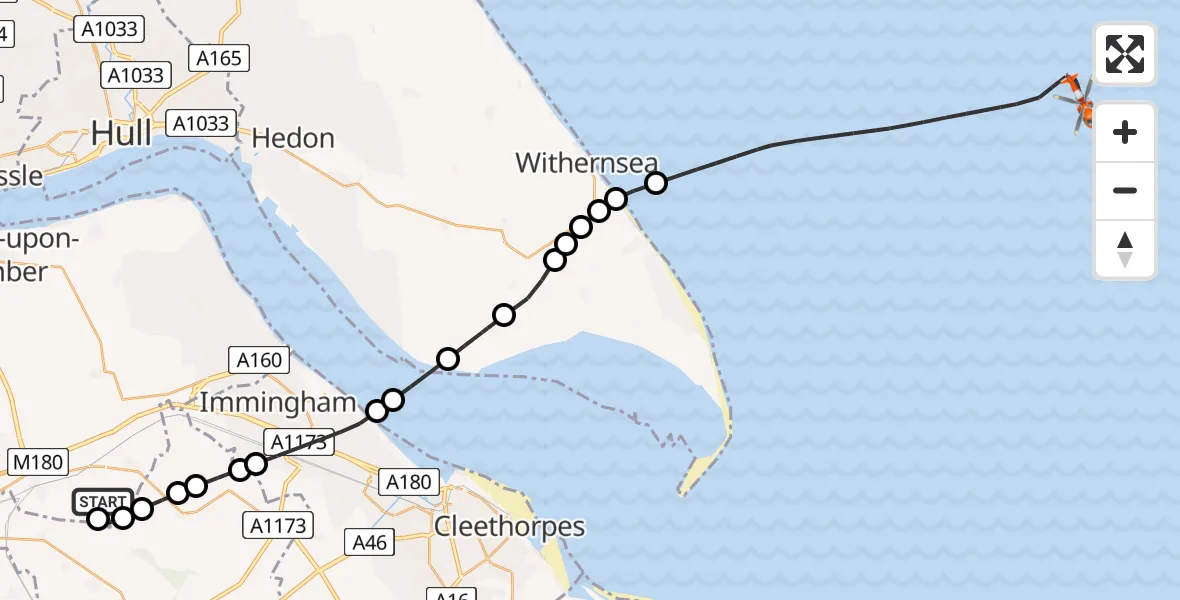 Flight route Coastguard Helicopter Humberside Airport - North Sea, 18 June 2026, 13:59