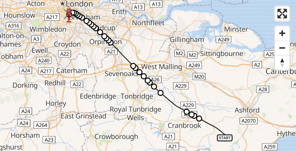 Flight route Air Ambulance Helicopter Ashford - Kings College London Hospital, 18 June 2026, 14:04