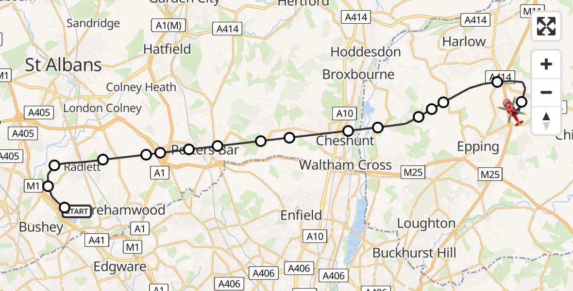 Flight route Air Ambulance Helicopter Elstree Airfield - North Weald Airfield, 18 June 2026, 14:04