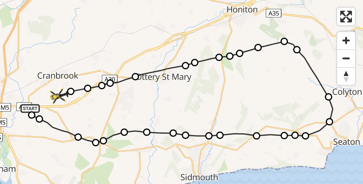Flight route Police Helicopter Exeter International Airport - Rockbeare, 18 June 2026, 14:05