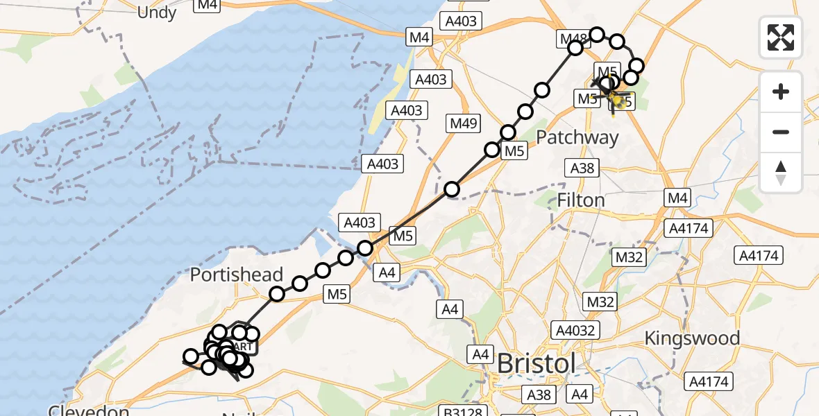 Flight route Police Helicopter Clapton-in-Gordano - Almondsbury Helicopter Base, 18 June 2026, 14:08