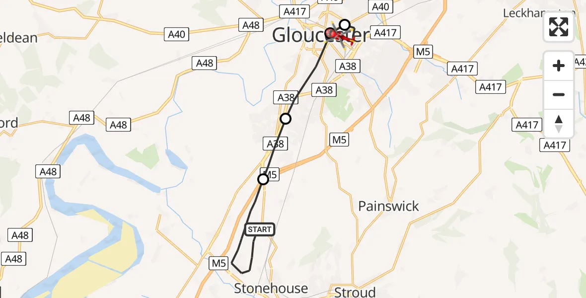 Flight route Air Ambulance Helicopter Stroud - Gloucester, 18 June 2026, 14:09