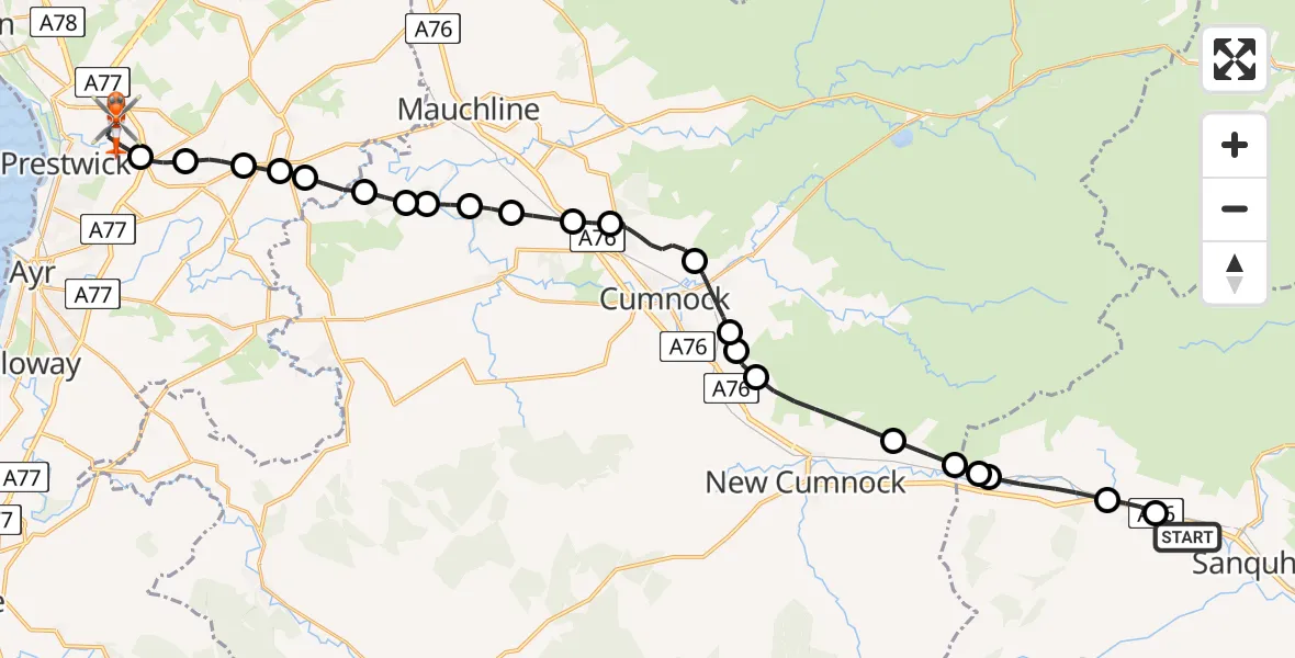 Flight route Coastguard Helicopter Sanquhar - Glasgow Prestwick Airport, 18 June 2026, 14:24