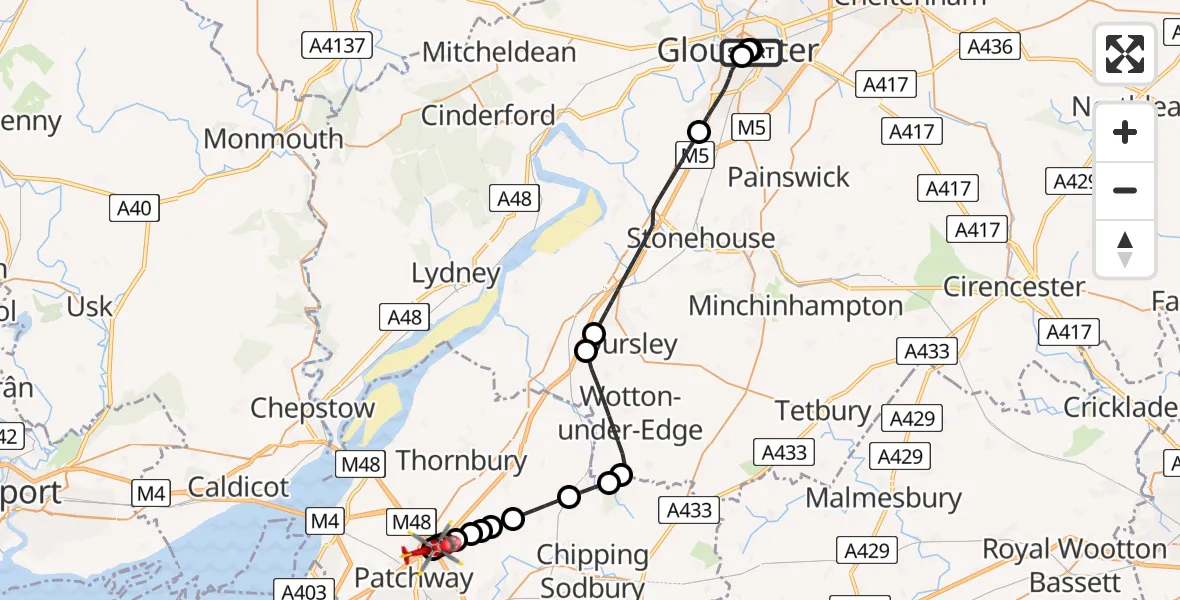 Flight route Air Ambulance Helicopter Gloucester Royal Hospital - Almondsbury Helicopter Base, 18 June 2026, 14:26