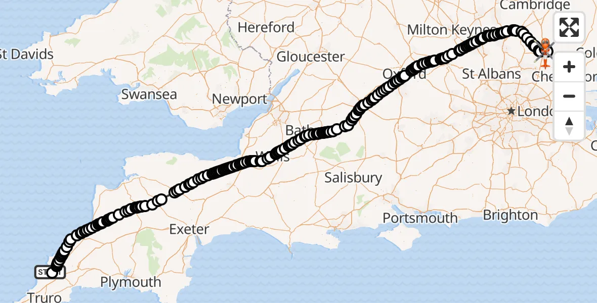 Flight route Coastguard Helicopter Cornwall Airport Newquay - London Stansted Airport, 18 June 2026, 14:28