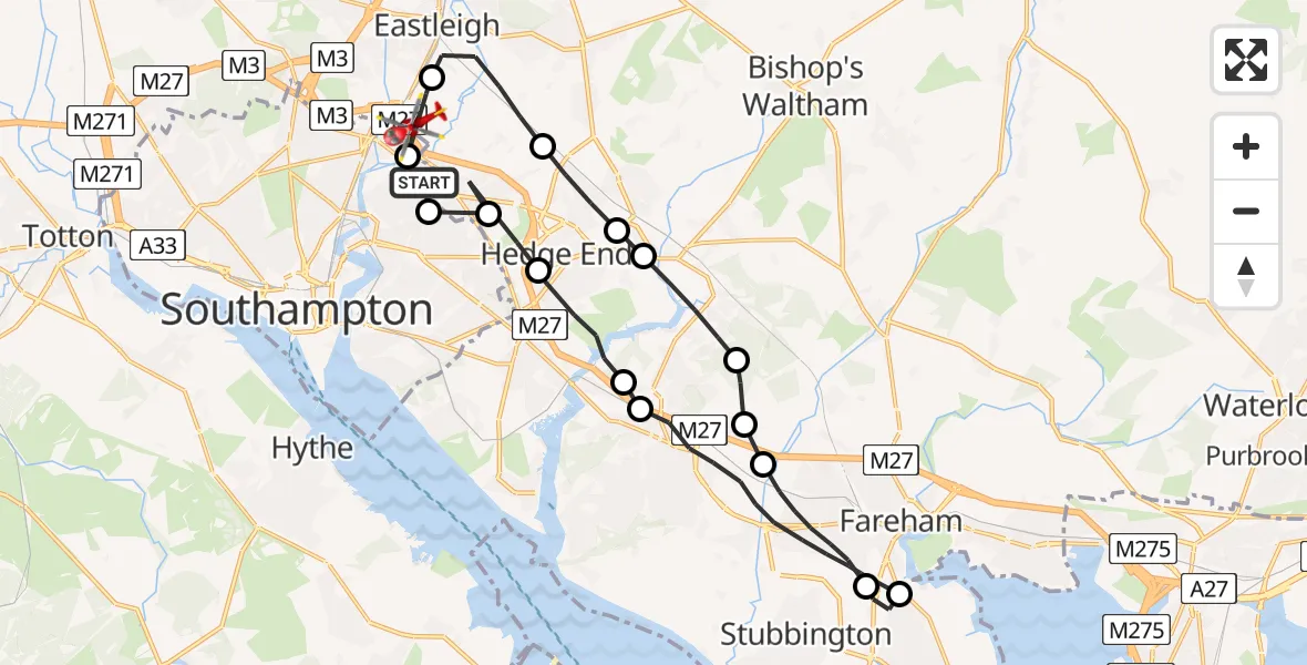 Flight route Air Ambulance Helicopter West End - Southampton Airport, 18 June 2026, 14:31