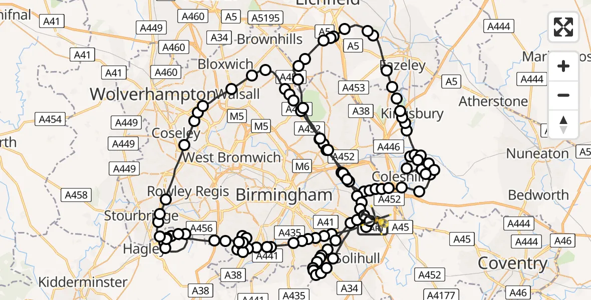 Flight route Police Helicopter Birmingham Airport - Birmingham Airport, 18 June 2026, 14:44
